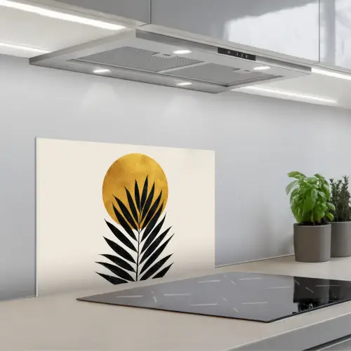 Zwart palmblad - Gouden cirkel - Beige achtergrond keuken achterwand spatscherm klein -3d_schuin