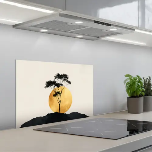 Zwarte boom - Gouden cirkel - Heuvel keuken achterwand spatscherm klein -3d_schuin