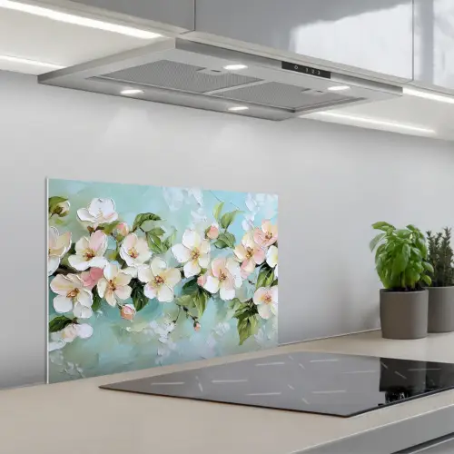 Bloesem - Bladeren - Lichtblauw keuken achterwand spatscherm klein -3d_schuin
