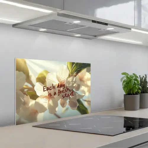 Bloesems - Zonlicht - Quote - Wit keuken achterwand spatscherm klein -3d_schuin
