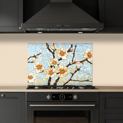Bloesems - Wit - Mozaïek - Tak keuken achterwand spatscherm klein -sfeer1