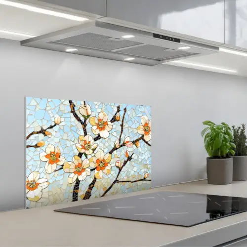 Bloesems - Wit - Mozaïek - Tak keuken achterwand spatscherm klein -3d_schuin
