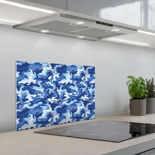 Blauw - Camouflage - Golvend keuken achterwand spatscherm klein 900 -3d_schuin