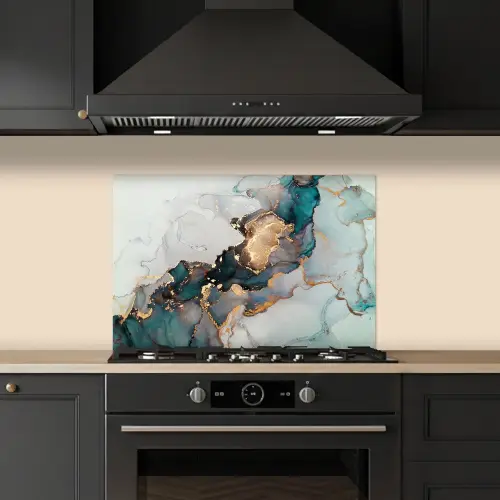 Marmer print - Goud - Blauw keuken achterwand spatscherm klein -sfeer1