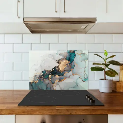 Marmer print - Goud - Blauw keuken achterwand spatscherm klein -sfeer2