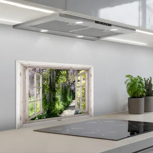 Blauwe regen - Bloemen - Doorkijk - Boom - Lente keuken achterwand spatscherm klein -3d_schuin