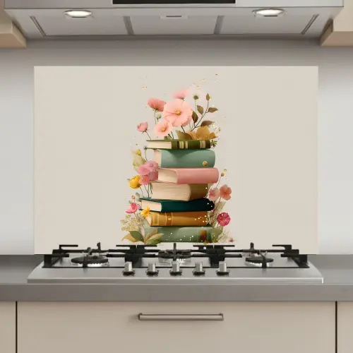 Boeken - Stapel - Bloemen - Kleurrijk keuken achterwand spatscherm klein -3d_website