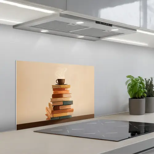 Boeken - Toren - Koffie - Beige keuken achterwand spatscherm klein -3d_schuin