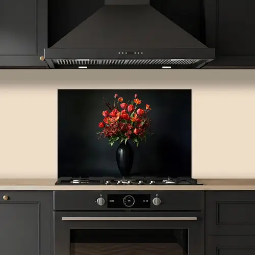 Boeket - Tulpen - Vaas - Rood keuken achterwand spatscherm klein -sfeer1