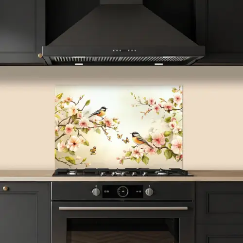 Takken - Bloemen - Vogeltjes - Roze keuken achterwand spatscherm klein -sfeer1