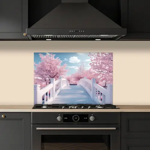 Brug - Kersenbomen - Wit keuken achterwand spatscherm klein -sfeer1