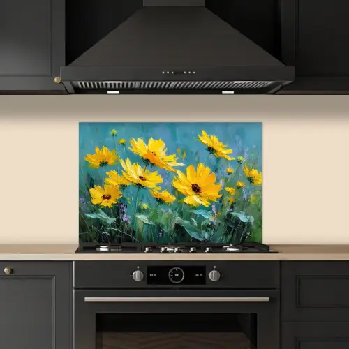 Penseelstreken - Bloemen - Felgeel - Abstract keuken achterwand spatscherm klein -sfeer1