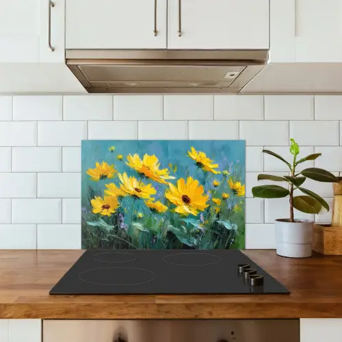 Penseelstreken - Bloemen - Felgeel - Abstract keuken achterwand spatscherm klein -sfeer2