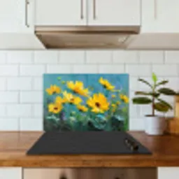 Penseelstreken - Bloemen - Felgeel - Abstract keuken achterwand spatscherm klein -sfeer2