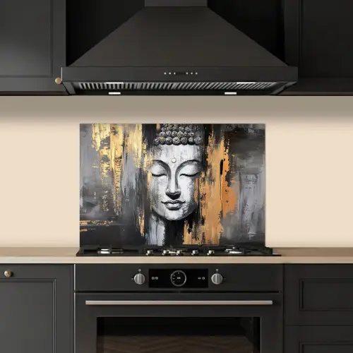 Boedhha - Penseelstreken - Goud - Abstract keuken achterwand spatscherm klein -sfeer1