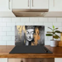 Boedhha - Penseelstreken - Goud - Abstract keuken achterwand spatscherm klein -sfeer2