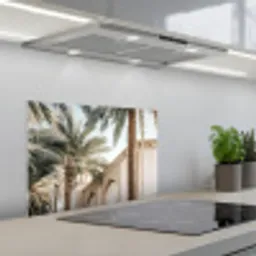 Gebouw - Palmbomen - Beige - Zon keuken achterwand spatscherm klein -3d_schuin
