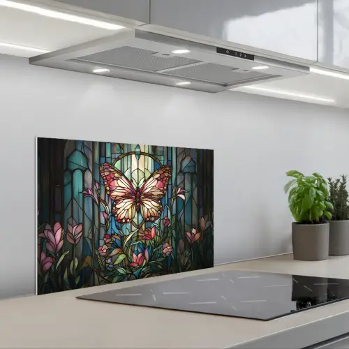 Vlinder - Roze - Bloemen - Bladeren keuken achterwand spatscherm klein -3d_schuin