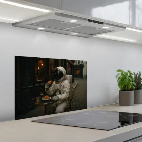 Café - Croissant - Koffie - Astronaut keuken achterwand spatscherm klein -3d_schuin