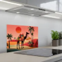 Kameel - Gekleurd tapijt - Duinen - Rode zon keuken achterwand spatscherm klein -3d_schuin