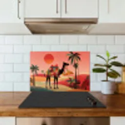 Kameel - Gekleurd tapijt - Duinen - Rode zon keuken achterwand spatscherm klein -sfeer2