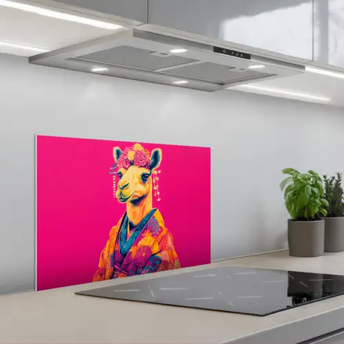 Kameel - Bloemen - Kimono - Waaiers keuken achterwand spatscherm klein -3d_schuin