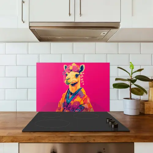 Kameel - Bloemen - Kimono - Waaiers keuken achterwand spatscherm klein -sfeer2