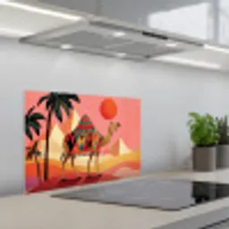 Kameel - Pyramides - Rode zon keuken achterwand spatscherm klein -3d_schuin