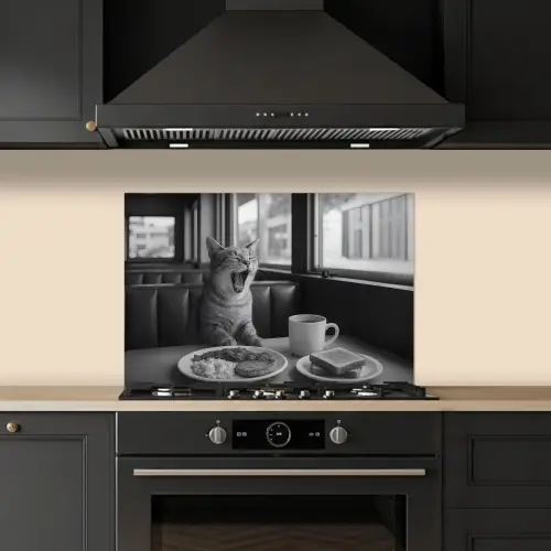 Kat - Koffie - Brood - Zwart keuken achterwand spatscherm klein -sfeer1