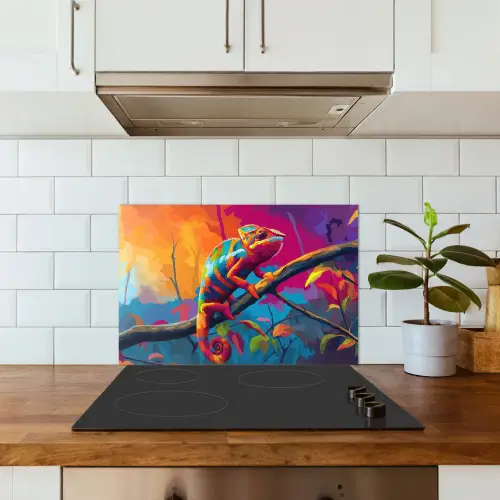 Kameleon - Tak - Gestreept - Bladeren keuken achterwand spatscherm klein -sfeer2