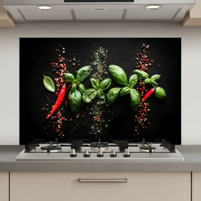 Chilipepers - Basilicum - Blaadjes - Rood keuken achterwand spatscherm klein -3d_website