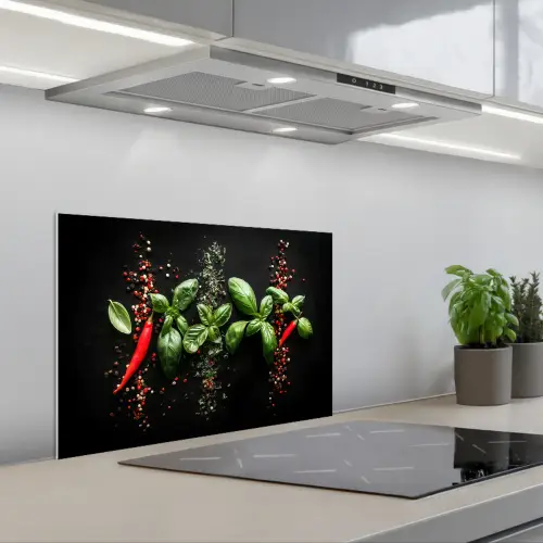 Chilipepers - Basilicum - Blaadjes - Rood keuken achterwand spatscherm klein -3d_schuin