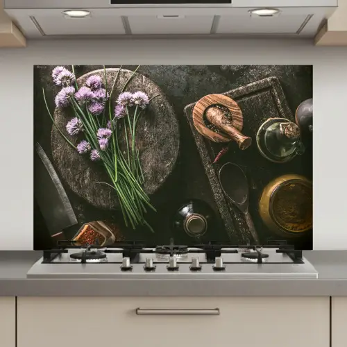 Bieslook - Keuken - Vijzel - Rustiek - Kruiden - Paars keuken achterwand spatscherm klein -3d_website