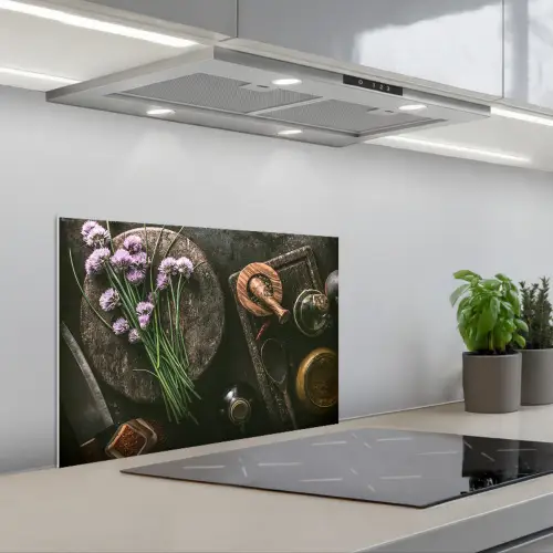 Bieslook - Keuken - Vijzel - Rustiek - Kruiden - Paars keuken achterwand spatscherm klein -3d_schuin