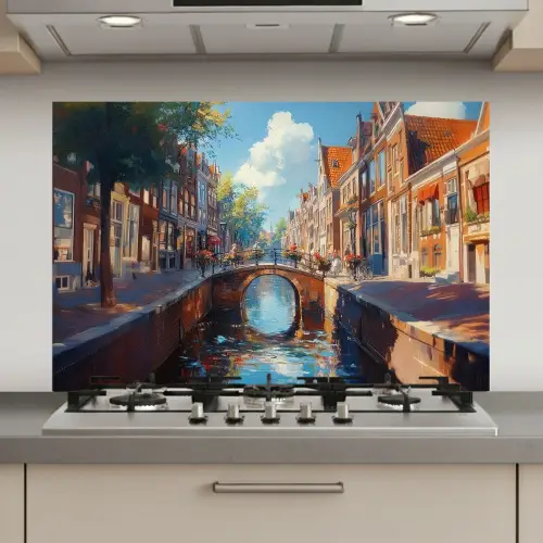 Stad - Gracht - Zon - Fietsen keuken achterwand spatscherm klein -3d_website