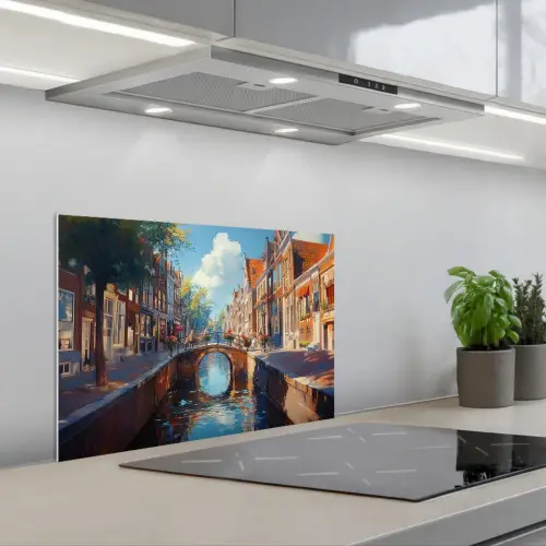 Stad - Gracht - Zon - Fietsen keuken achterwand spatscherm klein -3d_schuin