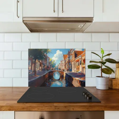 Stad - Gracht - Zon - Fietsen keuken achterwand spatscherm klein -sfeer2