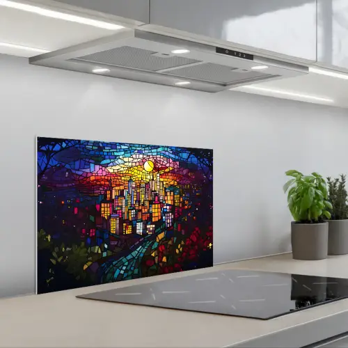 Stad - Maan - Mozaïek - Kleurrijk keuken achterwand spatscherm klein -3d_schuin