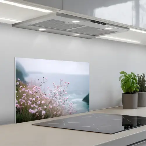 Klif - Bloemen - Zee - Roze keuken achterwand spatscherm klein -3d_schuin
