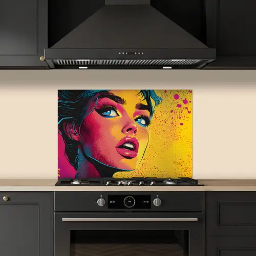 Close-up - Vrouwengezicht - Stippen - Geel keuken achterwand spatscherm klein -sfeer1