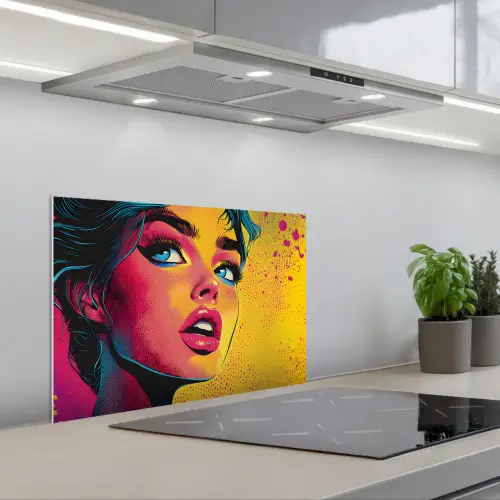 Close-up - Vrouwengezicht - Stippen - Geel keuken achterwand spatscherm klein -3d_schuin