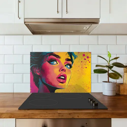 Close-up - Vrouwengezicht - Stippen - Geel keuken achterwand spatscherm klein -sfeer2