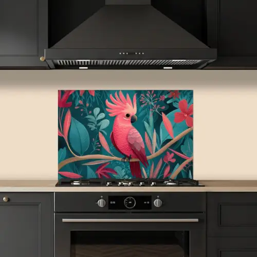Kaketoe - Tropische bladeren - Tak keuken achterwand spatscherm klein -sfeer1