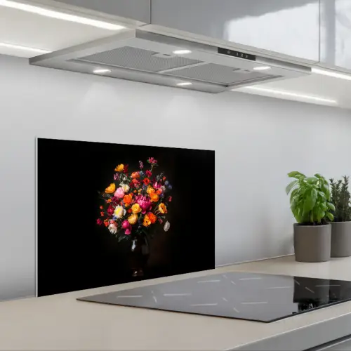 Kleurrijk - Boeket - Vaas - Donkerbruin keuken achterwand spatscherm klein -3d_schuin