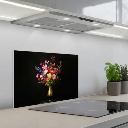 Kleurrijk - Boeket - Vaas - Goud keuken achterwand spatscherm klein -3d_schuin