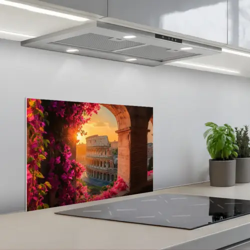 Colosseum - Rome - Roze Bloemen keuken achterwand spatscherm klein -3d_schuin