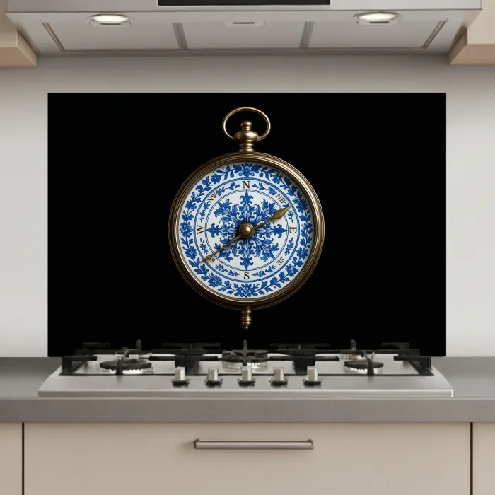 Kompas - Delfts blauw - Zwart keuken achterwand spatscherm klein -3d_website