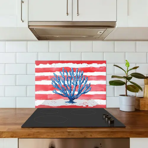 Koraal - Verfstructuur - Rood - Blauw keuken achterwand spatscherm klein -sfeer2