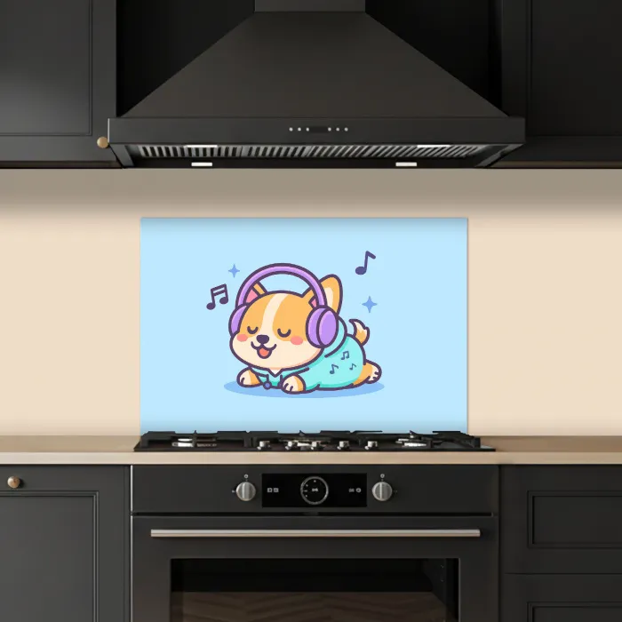 Corgi - Koptelefoon - Blauw - Muzieknoten keuken achterwand spatscherm klein -sfeer1