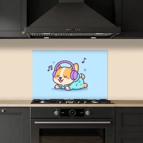 Corgi - Koptelefoon - Blauw - Muzieknoten keuken achterwand spatscherm klein -sfeer1